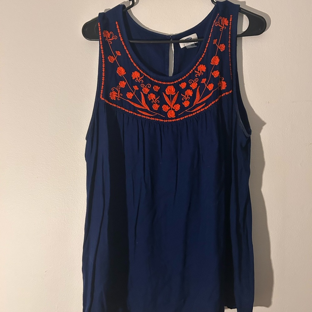 Embroidered Navy Blue Sleeveless Top